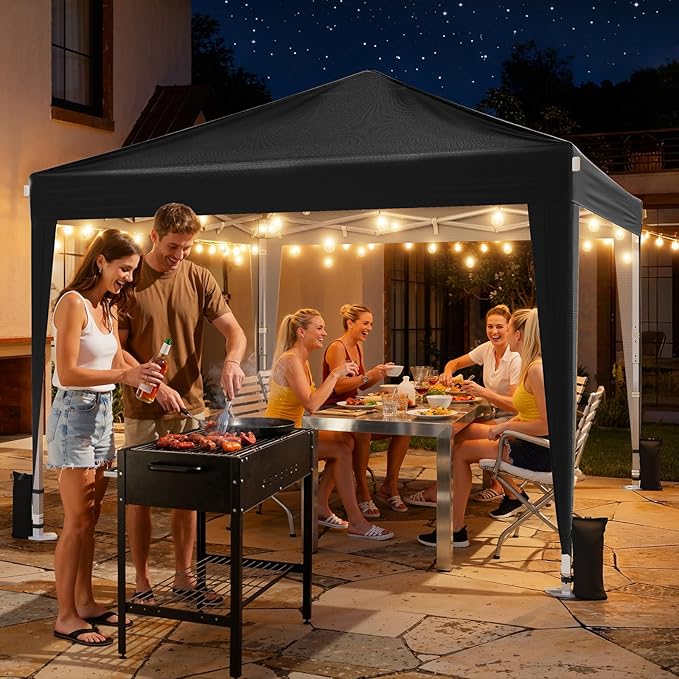 10x10 Pop Up Canopy with Sidewalls, Instant Portable Canopy Tent with Carry Bag for Commercial Events, Camping, Parties - Black