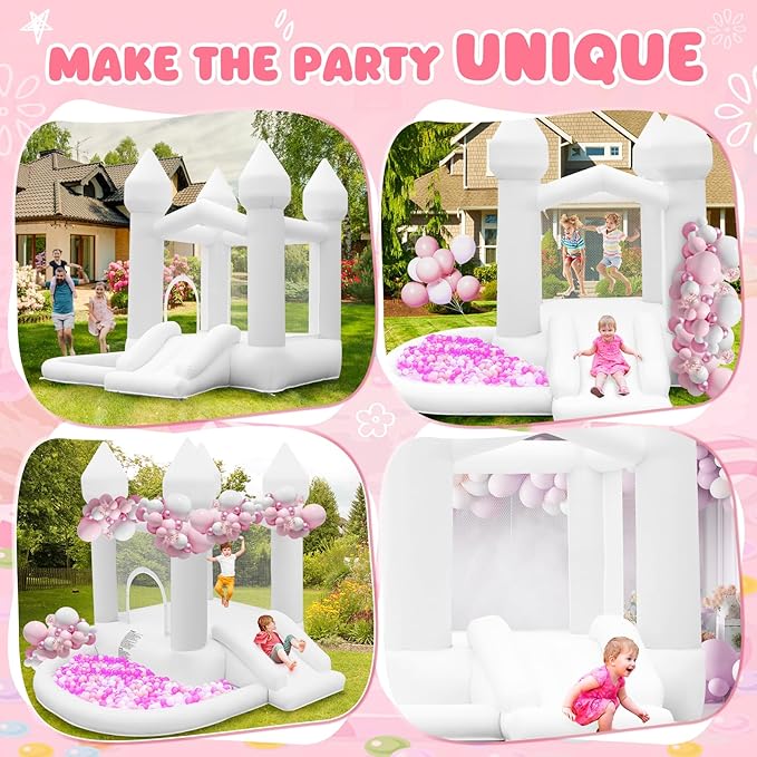 FBSPORT White Bounce House, Inflatable Bouncer with Air Blower,Indoor & Outdoor Bouncy Castle with Big Ball Pit for Wedding Party Kids Birthday Party, Easy to Install