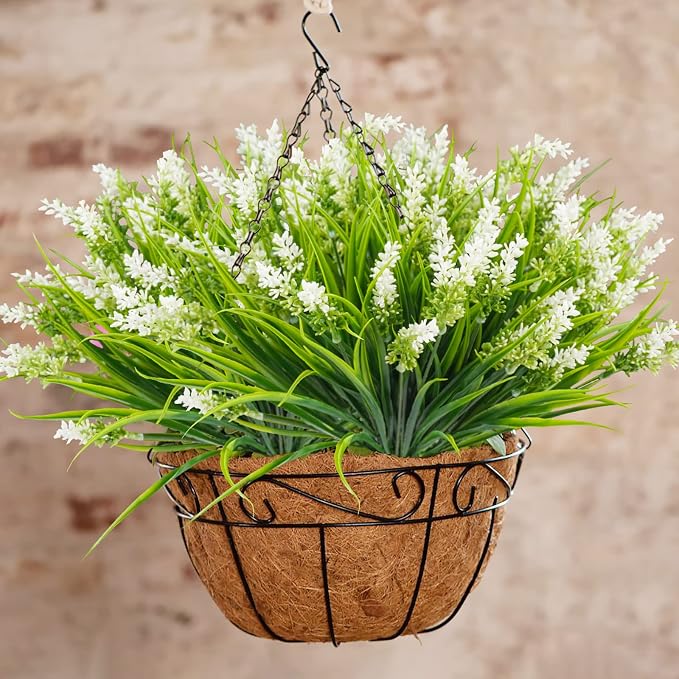 obbsie 12 Bundles Artificial Plants Outdoor, 18.2" UV Resistant Faux Monkey Grass Greenery Stems No Fade Faux Plastic Flowers Shrubs for Home Weddings Garden Porch Front Patio Office Decor- White - Image 7