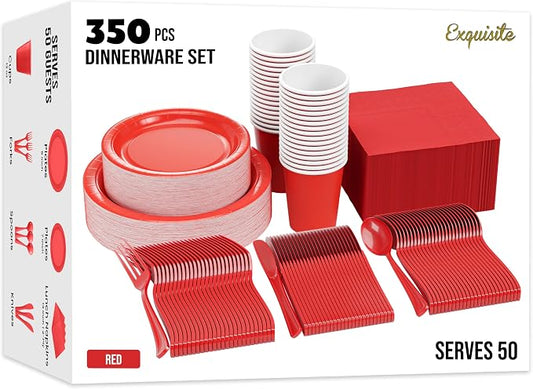 Exquisite Red Paper Plates Set 350 Pcs 50-9" & 50-7" Party Plates | Sturdy Paper Dinnerware Set With 9" & 7" Red Plates for Party, Dinners, Everyday & Birthday Supplies by Exquisite