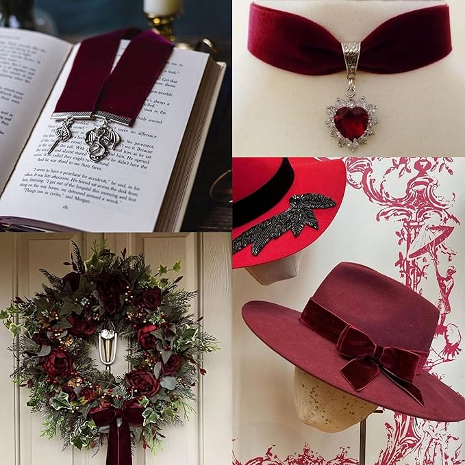 1" Burgundy Velvet Ribbon, 10 Yards Roll – Premium Flocked Velvet Fabric Trim for Christmas Gift Wrapping, Holiday Décor, Wreaths, Bows & DIY Craft Projects