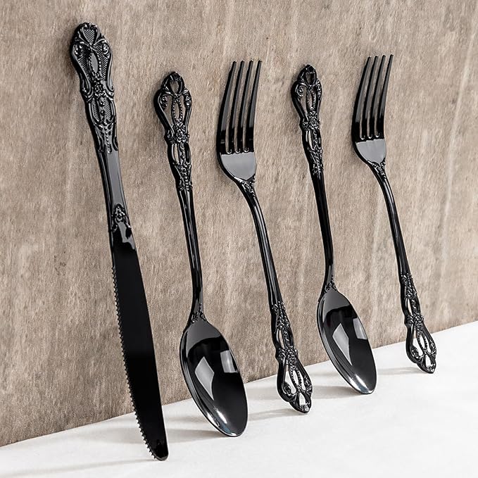 150PCS Black Plastic Silverware - Heavy Duty Disposable Cutlery Sets - Fancy Plastic Utensils Flatware Include 50 Forks, 50 Spoons, 50 Knives for Catering, Dinners, Weddings, Party