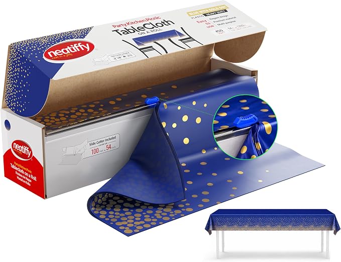 Neatiffy Disposable Plastic Table Cloth Roll with Slide Cutter | Waterproof Cover for Rectangle, Square, Oval Tables | Picnic, Party, Banquet, Birthdays, Weddings - Blue with Gold Dots by NEATIFFY