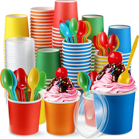 Eaasty 150 Pack Disposable Ice Cream Cups 12oz Colorful Paper Bowls with Lids and Spoons Leak Proof Dessert Container for Sundae Snack Yogurt Party Baby Shower Wedding Camping(Simple,Colorful) by Eaasty