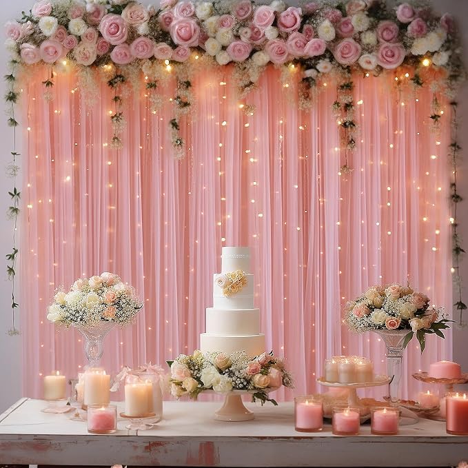 10ft x 8ft Dusty Rose Backdrop Curtain with Lights String for Parties, Sheer Tulle Wedding Photo Backdrops Drapes for Baby Shower Birthday Party Decorations Background for Photography - Image 5