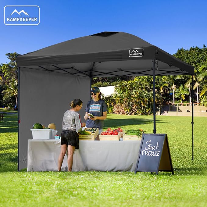 KAMPKEEPER 10x10 Pop-Up Canopy Tent, Waterproof, Portable Shade with Side Walls, Adjustable Instant Outdoor Shelter for Camping, Backyard, and Events, Black