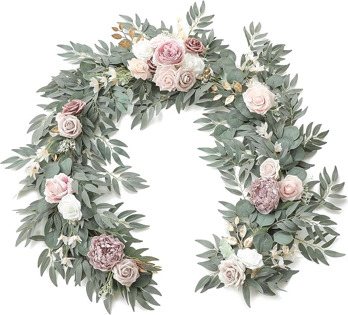 Floroom 6ft Artificial Eucalyptus Garland with Flowers Fake Greenery Faux Floral Vine Garland for Table Decor Wedding Centerpieces Bridal Shower Party Decorations, Garden Dusty Rose by Floroom
