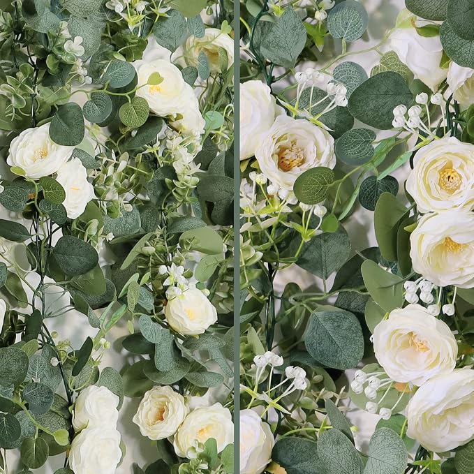 TOCHGREEN 2 Pack Artificial Eucalyptus Flower Garland with White Roses | Fake Rose Flower Greenery Garland Floral Vines for Wedding Centerpiece Backdrop Home Party Table Runner Decor - Image 6