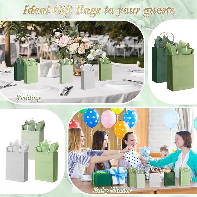 Kolldenn 50 Sets 100 Pcs Wedding Green Gift Bags Bulk with Tissue Paper Sage Green Paper Gift Bags with Handles for Wedding Guests Birthday Baby Shower Holiday Party, 8.27 x 5.91 x 3.15 - Image 6