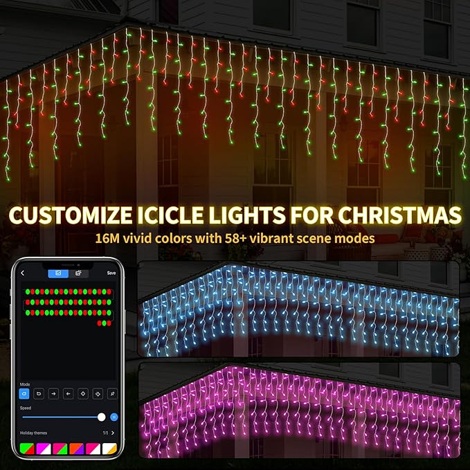 Gemce Smart RGB Icicle Lights, 66ft 608 LEDs Outdoor/Indoor Christmas Chasing Lights, 16 Million DIY Colors, Music Sync, 58+ Scene Modes, App Control for Holiday & Party Decor