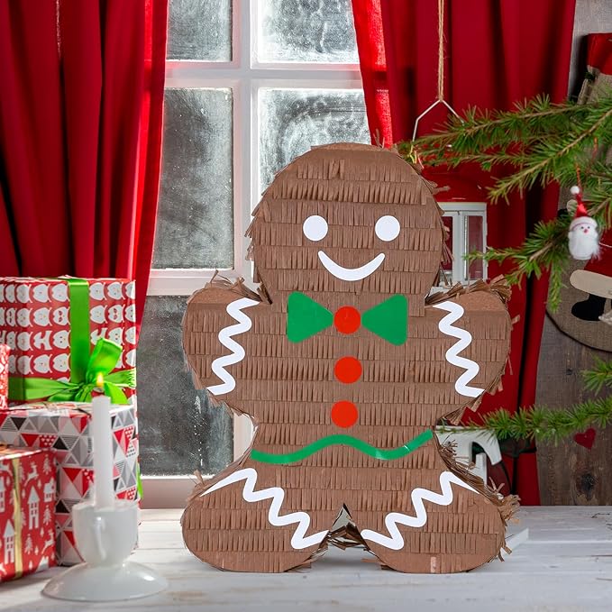 Christmas Gingerbread Man Pinatas Bundle with a Blindfold and Bat (Small Size 16.5x12.5x4 Inches), Holiday Theme Piñata, Christmas Party Supplies, Xmas Piñata, Party Decoration Games
