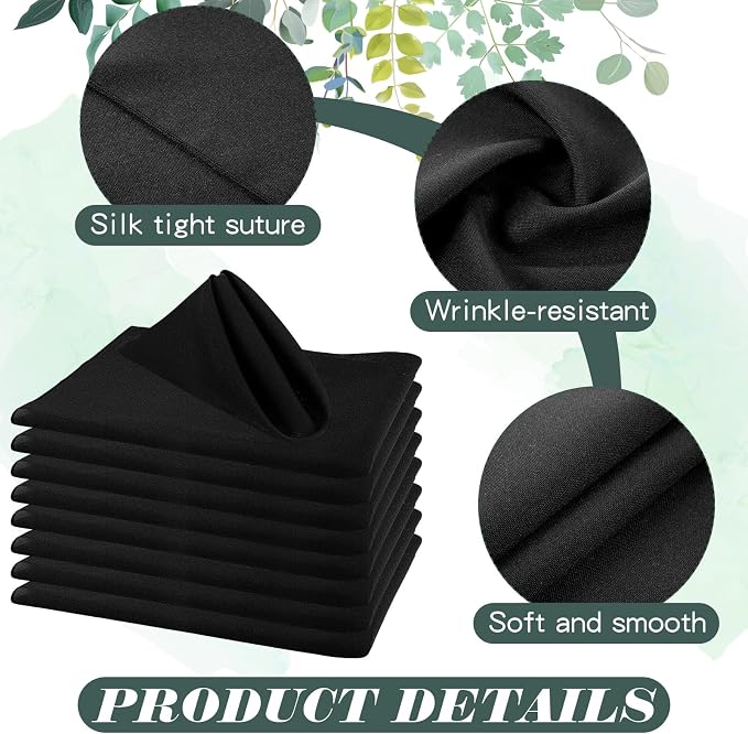 Buryeah 60 Pcs Washable Cloth Napkins 17 x 17 Inch Polyester Dinner Napkins Soft Table Napkins for Weddings Parties Holiday Dining Banquet (Black) - Image 3
