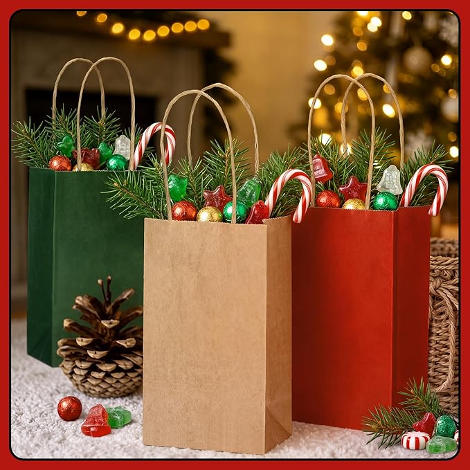 Kolldenn 120 Pcs Brown Red and Green Christmas Gift Bags Holiday Gift Kraft Paper Bags with Handles for Wedding Baby Shower Bridal Shower Shopping Party Favor Business(6.1 x 3.5 x 2.3 Inches) - Image 5