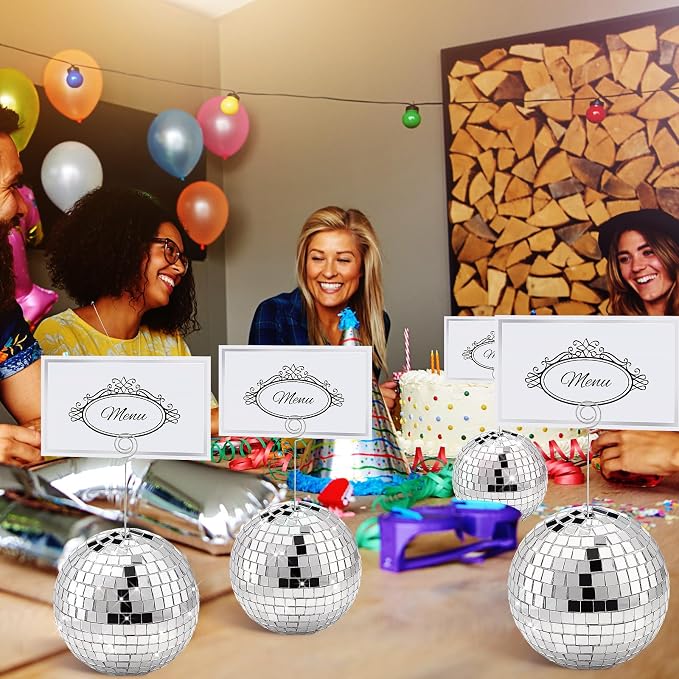 Maitys 20 Set Disco Ball Table Number Holders Silver,60pcs/20 Set,4 Inch | Swirl Wire Clips for Place Cards, Name Tags, Photo Stand, Wedding Bachelorette Party Decor, Includes 40 Blanks for Guests - Image 7