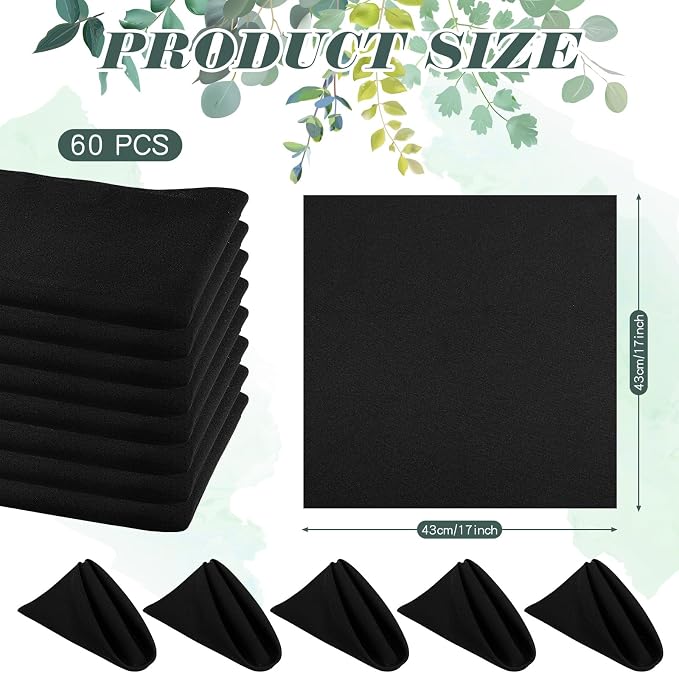 Buryeah 60 Pcs Washable Cloth Napkins 17 x 17 Inch Polyester Dinner Napkins Soft Table Napkins for Weddings Parties Holiday Dining Banquet (Black) - Image 2
