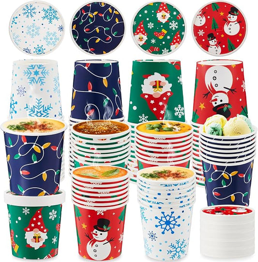 Roshtia 60 Pack 16 oz Paper Food Containers with Lids Ice Cream Pint Containers Soup Cups Freezer Microwave Safe for Desserts Yogurt Party Supplies(Christmas) by Roshtia