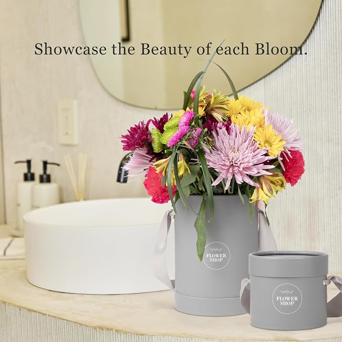4 Flower Bouquet Hat Boxes | 2 Per Size Round Floral Arrangement Vase | Satin Ribbon Handle & Waterproof Liner | Gift Box for Flowers with Lids | Black - Image 4