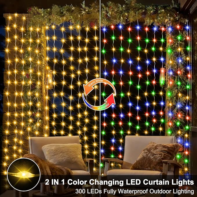 ZAIYW 10x10Ft Curtain Lights Connectable Warm White & Multicolor Changing 300 LED Curtain Lights Plug in with Remote Control Curtain String Lights Waterproof for Indoor Outdoor Decor