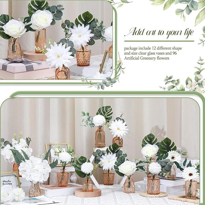 FoldTier 108 Pcs Artificial Flowers in Vase 96 Pcs Faux Greenery Stem Table Centerpiece Fake Plants Silk Roses Arrangement 12 Pcs Glass Vase Sets for Wedding Bathroom Home Dining Decor(Champagne) - Image 3
