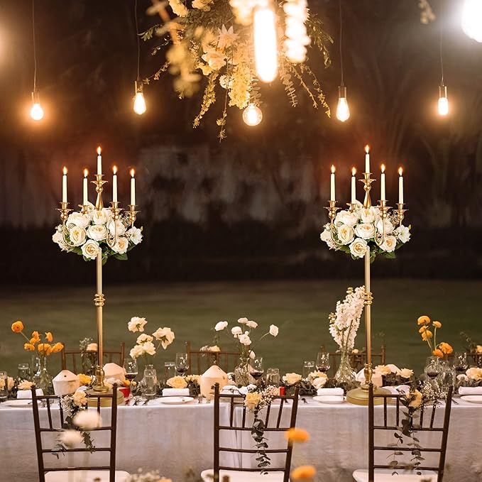 Gold Candelabra for Wedding Event Decor, 50'' Tall Floor Candle Holders, 2 Pcs Metal 5 Arm Centerpiece Decorations for 5 Candlesticks Party Wedding Aisle Home Decor