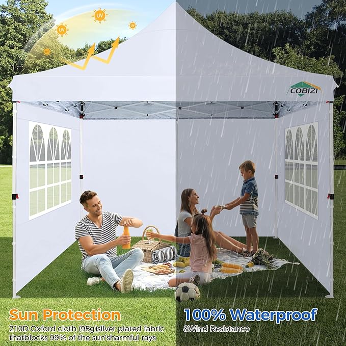 COBIZI 10x10 Pop Up Canopy with 4 Sidewalls, Canopy Tent 10x10 for Parties, Backyard, Commercial, Waterproof and Portable Instant Shelter UV50+ Outdoor Gazebo with 4 Sandbags(White)