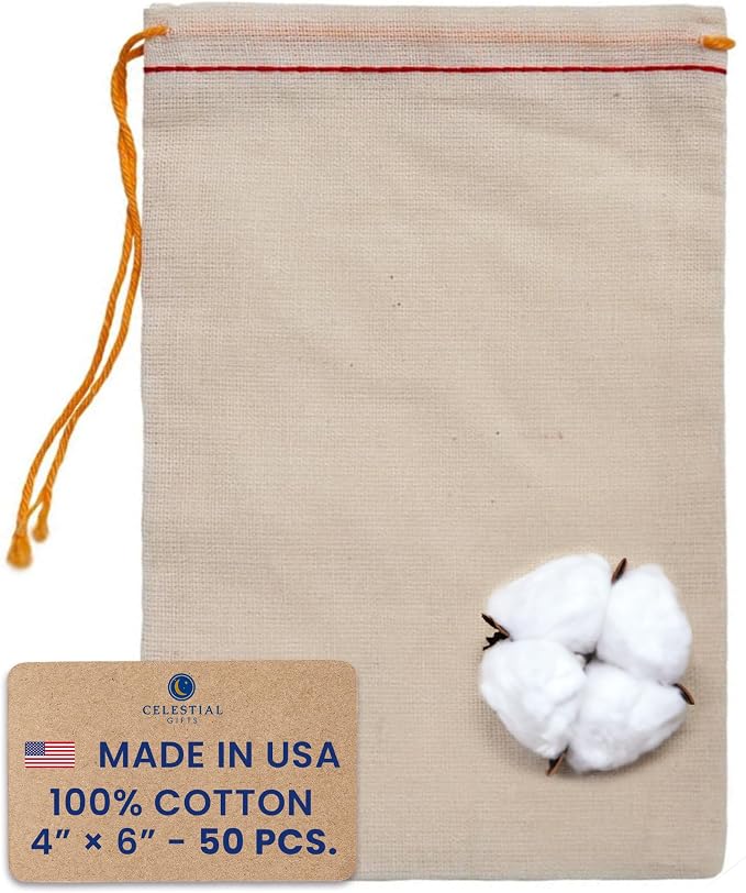 Celestial Gifts Muslin Bags, 100% Cotton Drawstring Bags, Medium, 50pcs | 4x6, Reusable Tea Bags, Jewelry Gift, Spice & Pouch Gift Sachet Bags, Made in USA, Red Hem & Orange Drawstring Pouch by CelestialGifts