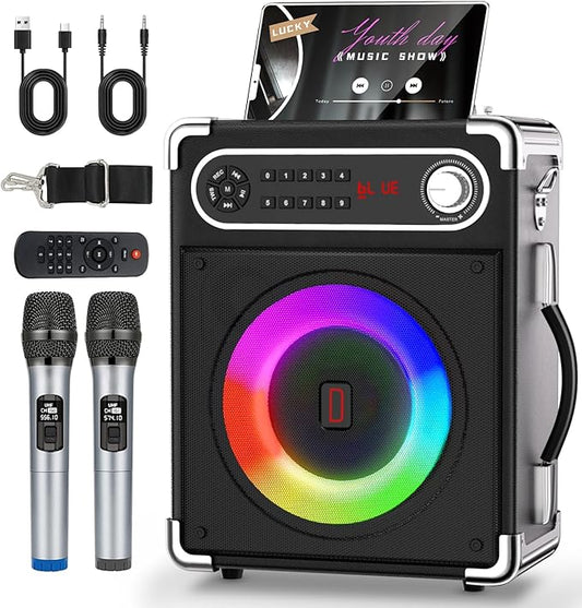 Karaoke Machine, Portable Bluetooth Speaker with 2 Wireless Microphones for Adults & Kids, PA System with Remote Control, LED Lights, Support USB/TF/REC/FM/AUX/TWS for Party Home System Packages