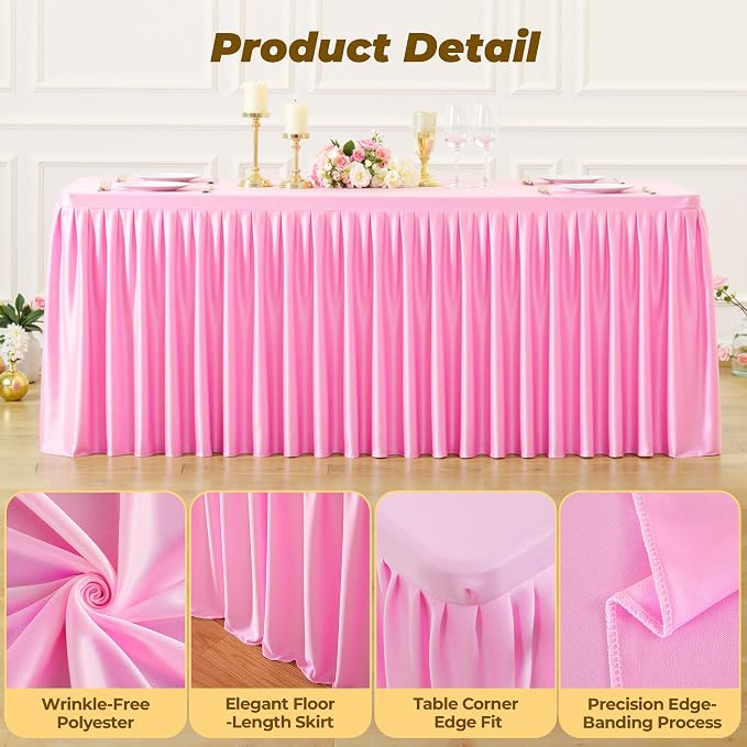 Pink Polyester Table Cloths for Rectangle 6 Foot Tables, 6 Pack Wrinkle Free Tablecloths Stretchy Banquet Ruffle Fitted Table Cover Desk Skirt for Parties Wedding Birthday Baby Shower - Image 4
