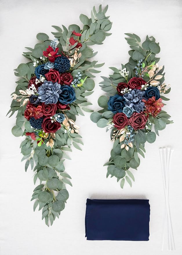 ponatia Burgundy & Navy Blue Artificial Wedding Arch Floral Swags Kit | Wedding Flowers Pack of 3, with 26Ft Shiny Arch Drapery Fabric for Wedding Ceremony & Reception Backdrop Decorations - Image 4