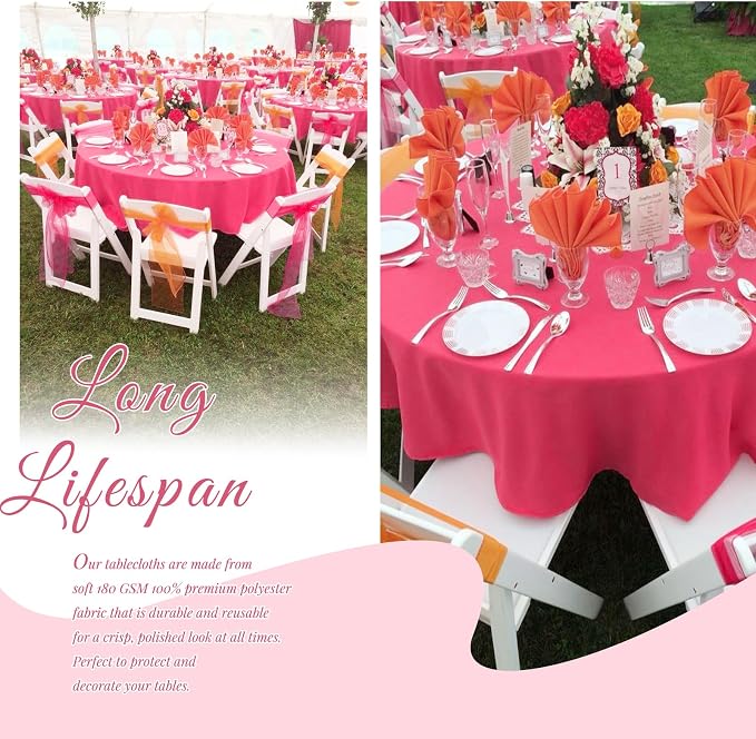 Showgeous 90 Inch Hot Pink Round Tablecloths, Polyester Table Covers | 10 pack Tablecloths for Round Tables Washable polyester Table Cloth Decorative Fabric for Dining Wedding Party Banquet Buffet - Image 3