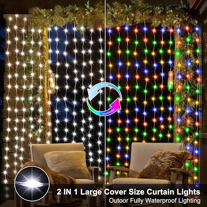 ZAIYW Dual Color Curtain Lights 20ftx10ft 600 LED Christmas Curtain Lights with Remote Plug, Connectable Lights Curtain for Bedroom Patio Wedding Xmas Decor (Cool White & Multicolor)