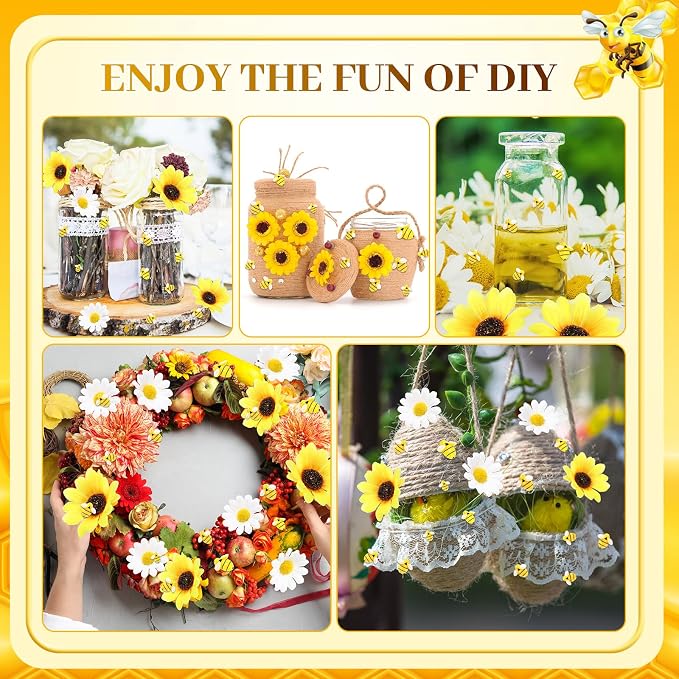 166 Pcs Artificial Sunflower Heads Tiny Bees Craft Decoration Fake Faux Silk Daisy Decoration Fabric Daisy Flower Head with Jute Rope for Party Wedding DIY Decor(Yellow and White,Single Size) - Image 3
