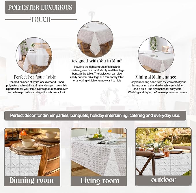 Majestic Giftware Polyester Tablecloths for Rectangle Tables - White Lace | (70/160) - TC1726L Diamond-Lined Design Dining Table Cover | Decorative Washable Tablecloth for Home, Kitchen, Dining - Image 4