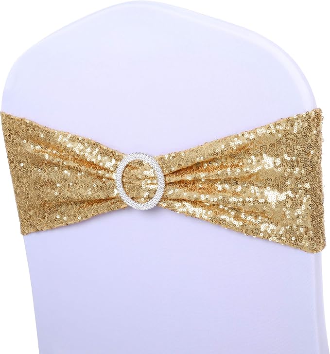 ANMINY Spandex Sequin Chair Sashes with Bows, Light Gold, Pack of 200 by ANMINY