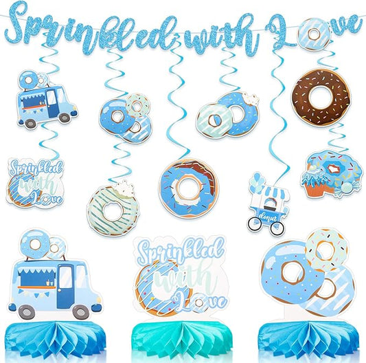 22 Pcs Baby Boy Sprinkle Decorations Blue Donut Baby Shower Decorations 1 PC Sprinkled Banner 18 Pcs Donut Hanging Swirls 3 Pcs Honeycomb Centerpiece for Birthday Party Supplies