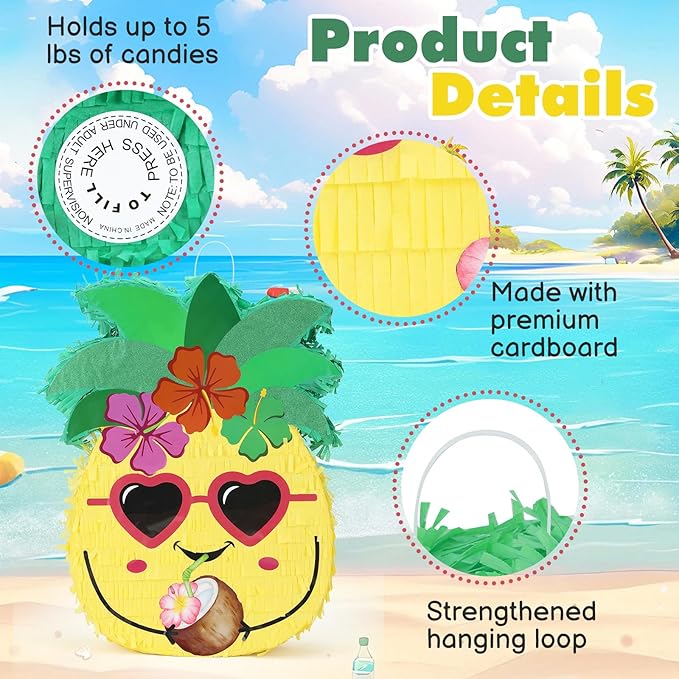 Pineapple Pinatas Bundle with a Blindfold and Bat (15.4x13x4 Inches), Perfect for Summer Beach Theme Birthday Party Supplies, Hawaiian Tropical Fruit Party Decoration Games