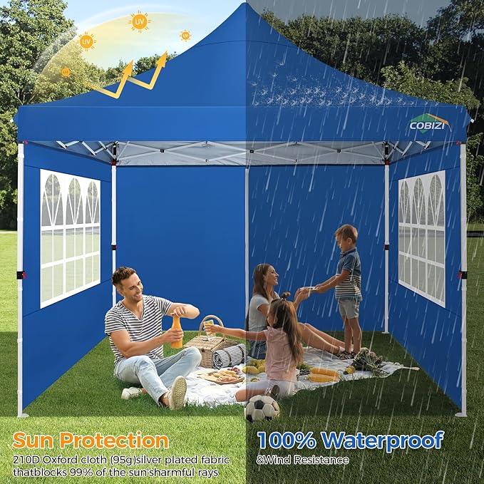 COBIZI 10x10 Pop Up Canopy with 4 Sidewalls, Canopy Tent 10x10 for Parties, Backyard, Commercial, Waterproof and Portable Instant Shelter UV50+ Outdoor Gazebo with 4 Sandbags(Light Blue)