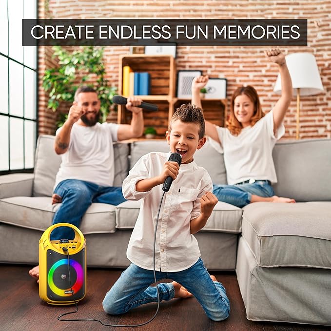 MASINGO Karaoke Machine for Kids and Adults with 1 Wireless Karaoke Microphone and 1 Wired Mic, PA Portable Speaker with LED Lights, Supports TF Card/USB, AUX/MIC in, TWS for Home Party, Burletta C10