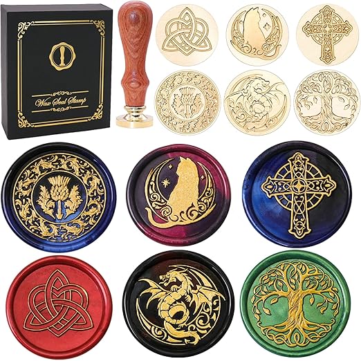 SWANGSA Celtic Wax Seal Stamp Gift Box Set, Vintage 6 Sealing Heads + 1 Wooden Hilt, Wax Stamp Kit for Party Invitations, Envelopes, Cards and Gift Packaging