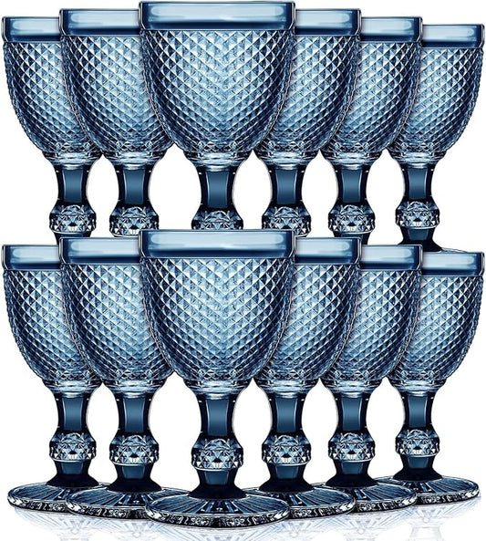 Bokon 12 Pack Blue Glass Goblets Set 10 oz High Clear Wine Glass Vintage Water Goblets Cups Embossed Diamond Design Glassware with Stem for Drinking Juice Liquor Party Wedding Bar
