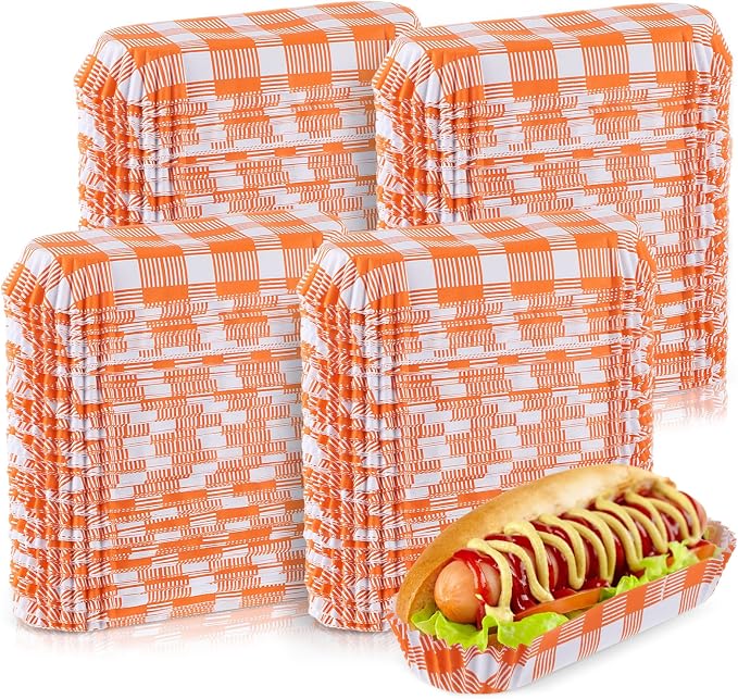 Yinkin 300 Pcs Paper Hot Dog Trays Food Trays 6 Inch,Orange,Checkered | Checkered Boats for Concession Stands Disposable Hot Dog Holder Halloween Christmas Party Carnival Supplies Serving Holders by Yinkin
