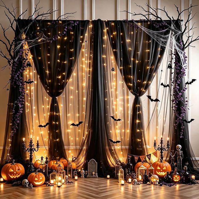 30ft x 8ft Black Backdrop Curtain Panels with Lights String for Parties, Sheer Tulle Wedding Backdrop Drapes for Baby Shower Birthday Party Home Decorations - Image 4