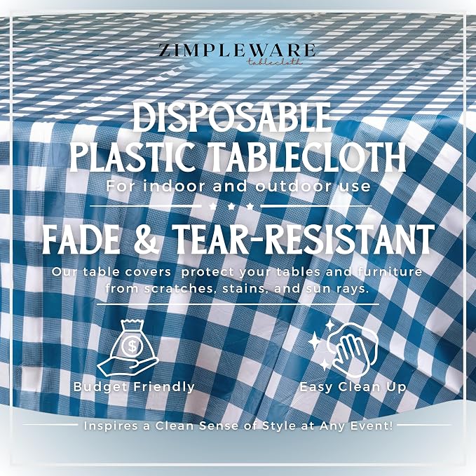 ZIMPLEWARE Blue Gingham Checkered 72 Pack Standard Disposable Plastic Party Picnic Tablecloth 84 Inch. x 84 Inch. Round Table Cover - Image 2