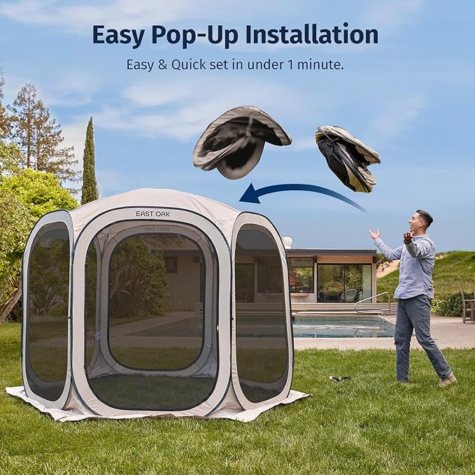 East Oak Screen House Tent Pop-Up, Portable Screen Room Canopy Instant Screen Tent 10 x 10 FT with Carry Bag for Patio, Backyard, Deck & Outdoor Activities, Beige