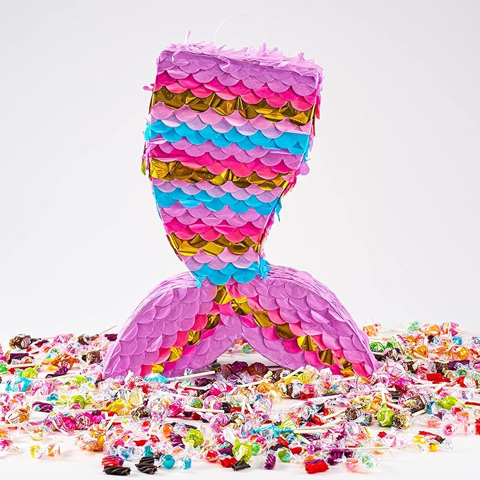 Mermaid Tail Pinata with Plastic Bat and Paper Blindfold for Fun Fiesta Taco Party Supplies, Photo Props, Mexican Theme Decoration, Carnivals Festivals, Girl Kids Birthday Parties 13W x 15.7H