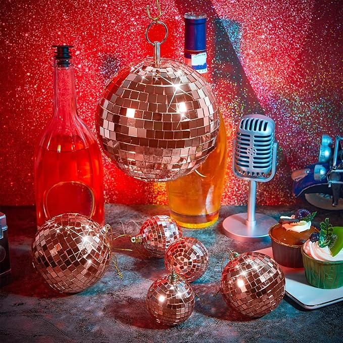 WILLBOND 12 Pack Disco Ball Mirror Ball with Hanging Ring for Fun Retro Disco Party Decorations Party Dj Lighting Effect Stage Props Game Accessories, 5.91", 3.94", 3.15", 2.36"(Rose Gold)