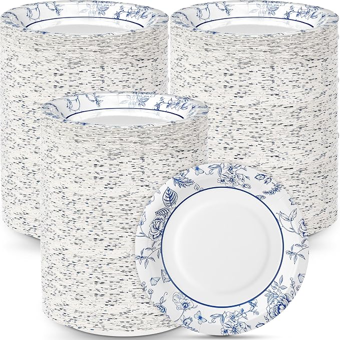 FillTouch 400 Pack 7 Inch Disposable Paper Plates for Everyday Use Soak Proof Heavy Duty Small Paper Plates for Dinner Picnic, Cut Proof Plate for Holiday Party Family Gatherings (Blue Flower) by FillTouch