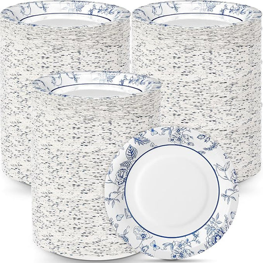FillTouch 400 Pack 7 Inch Disposable Paper Plates for Everyday Use Soak Proof Heavy Duty Small Paper Plates for Dinner Picnic, Cut Proof Plate for Holiday Party Family Gatherings (Blue Flower) by FillTouch
