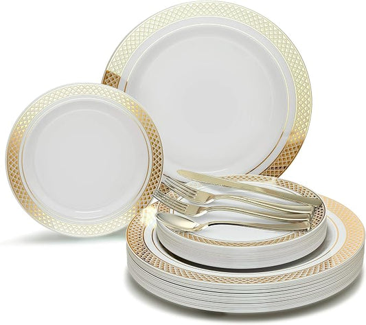 " OCCASIONS " 150pcs set (25 Guests)-Wedding Plastic Plates & cutlery -Disposable heavyweight Dinnerware 10.5'', 7.5'' + Silverware w/double fork (Celebration White & Gold) by OCCASIONSFINESTPLASTICTABLEWARE