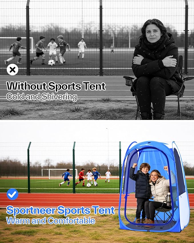 Sportneer XL Transparent Sports Tent, 46" L x 46" W x 63.5" H 3-Side Clear TPU Pop-Up Shelter for 1 Adult & 1 Kid, All-Weather Warm Pod, Portable Windproof & Rain Protection for Outdoor Games